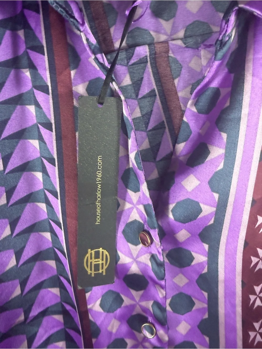 NWT House of Harlow 1960 Purple Mixed Print Cropped Blouse Small Satin Geometric